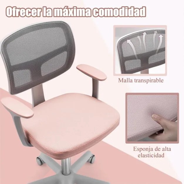 Cadeira de escritório infantil com encosto em malha, almofada removível e rodas 360° com travão para 3-10 anos, altura ajustável, cor rosa