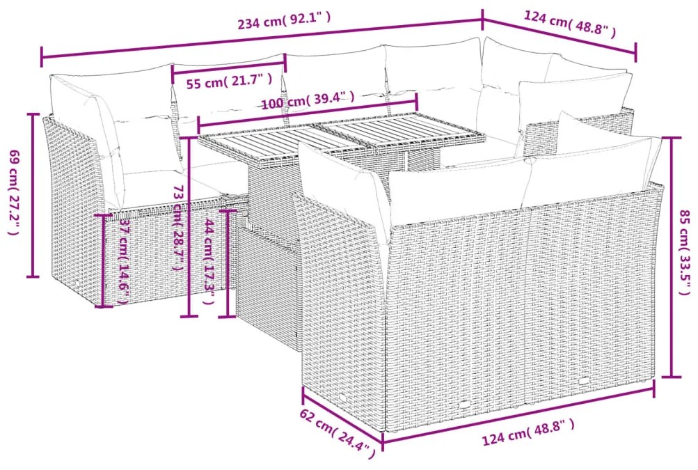 8 pcs conjunto de sofás p/ jardim com almofadões vime PE bege