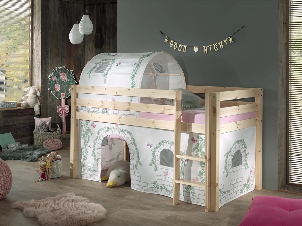 Conjunto Cama alta de Criança PINO 90 x 200 cm + estrado + escada + cortina + túnel Passaros Natural