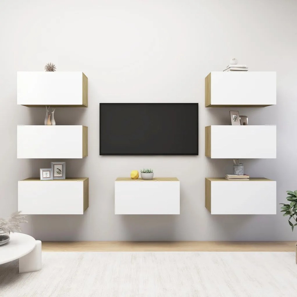 vidaXL Móveis de TV 7 pcs 30,5x30x60cm contrap. branco/carvalho sonoma