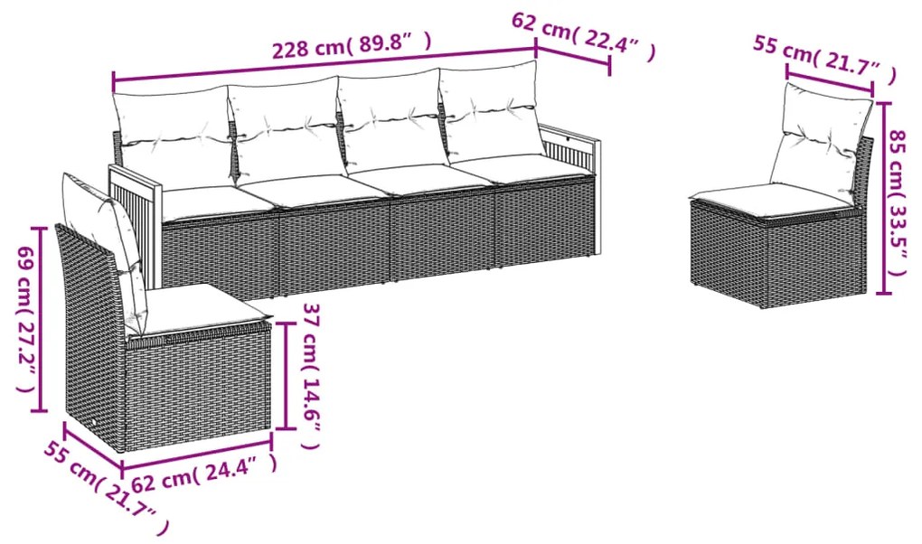6 pcs conjunto de sofás p/ jardim com almofadões vime PE bege