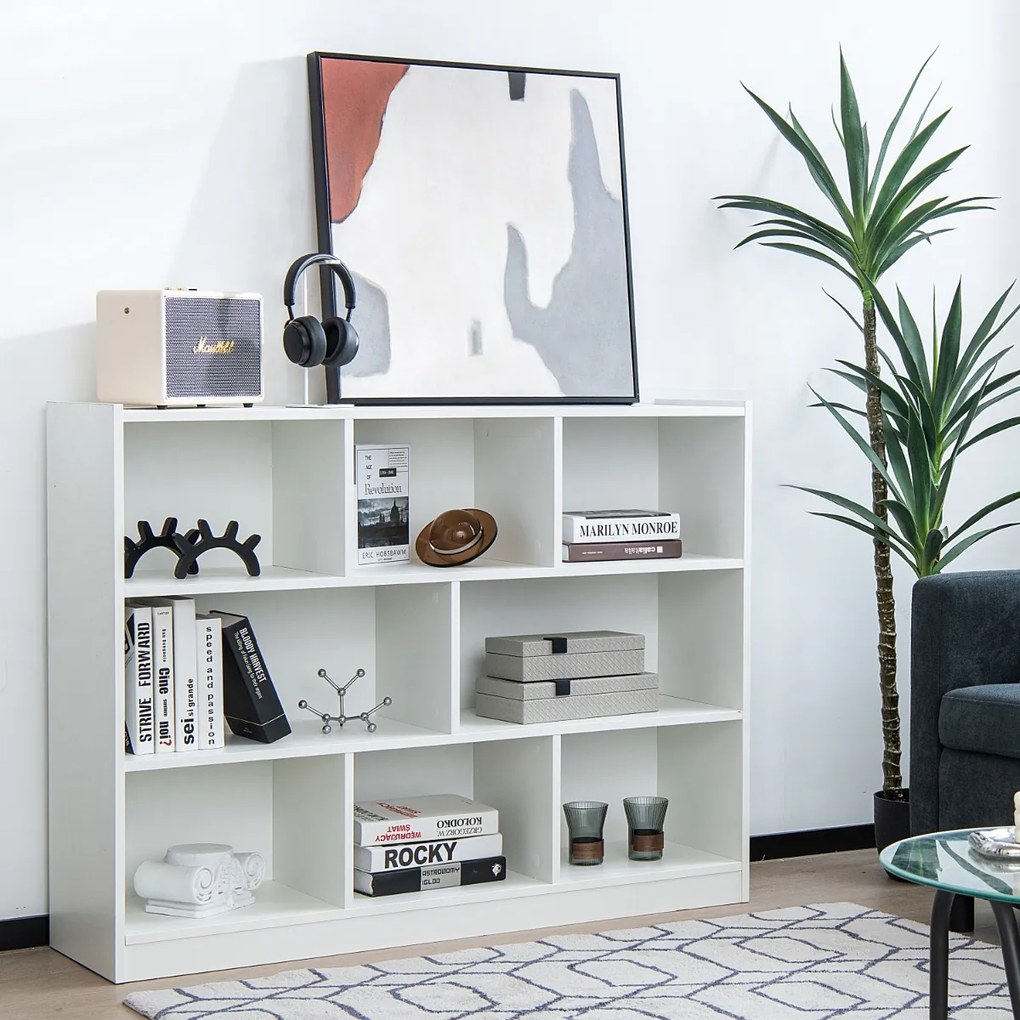 Estante aberta de 3 camadas, 8 cubos, prateleira de armazenamento, expositor 122 x 32 x 93 cm branco