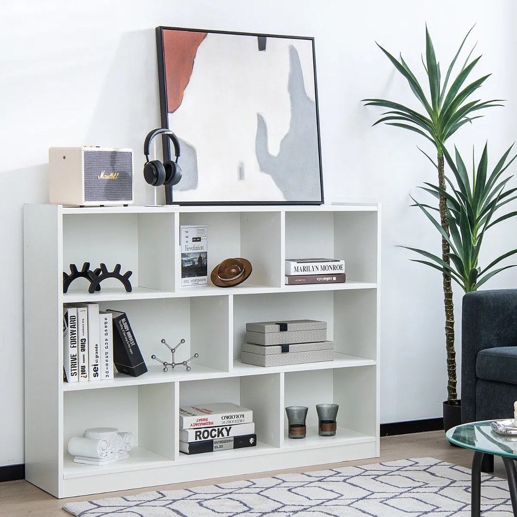 Estante aberta de 3 níveis com 8 armarios em forma de cubo 122 x 32 x 93 cm Branco