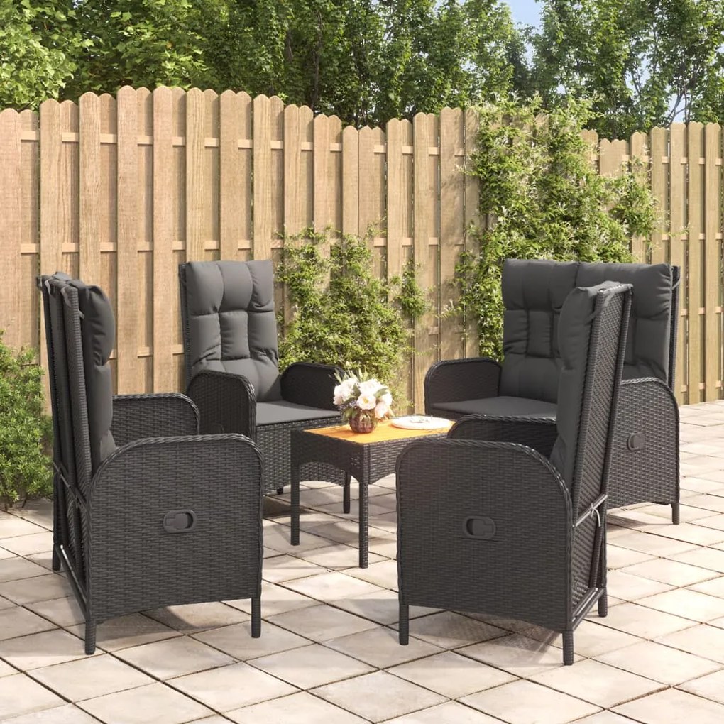 vidaXL 5 pcs conjunto de jantar p/ jardim c/ almofadões vime PE preto