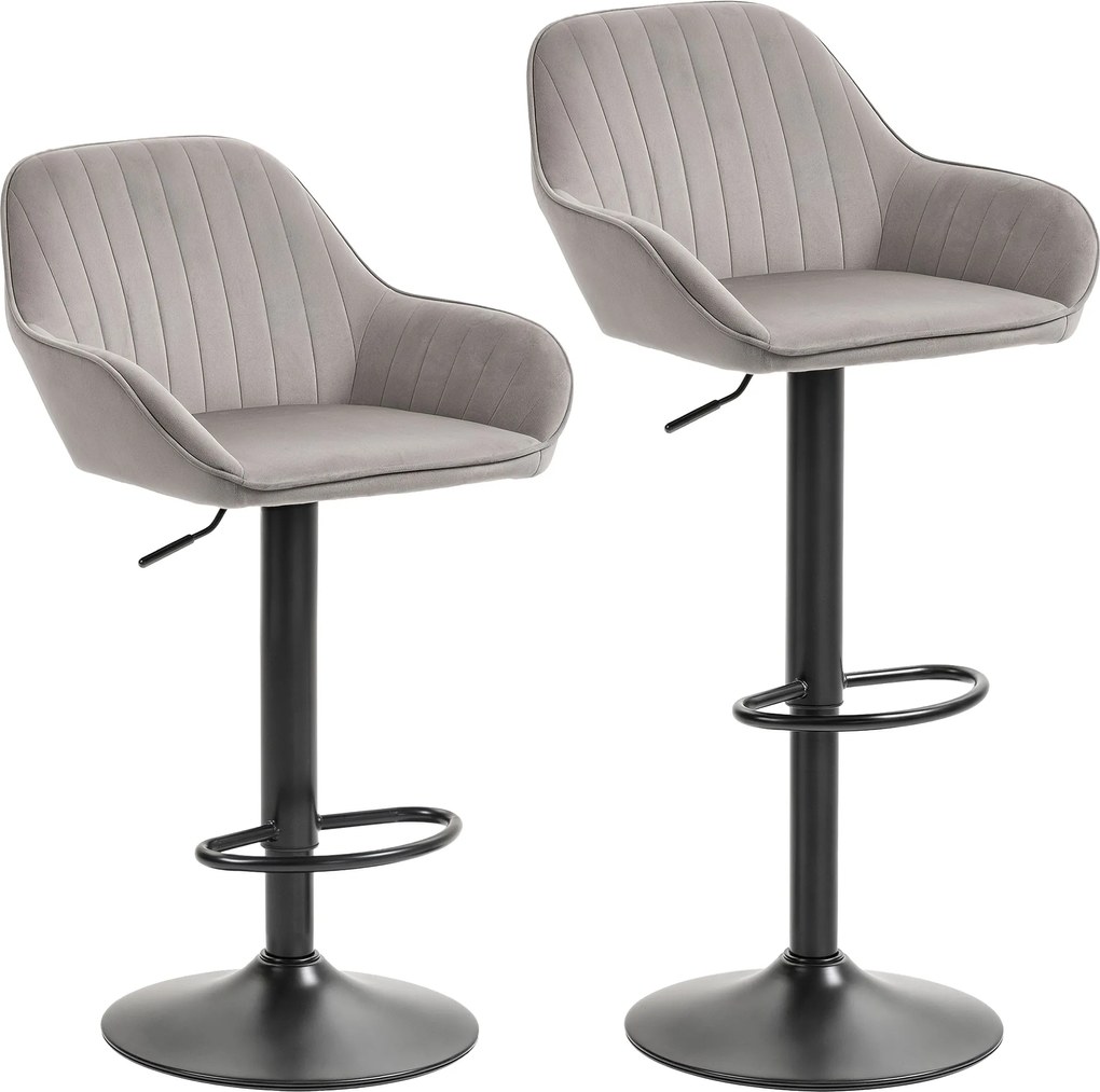 HOMCOM Conjunto de 2 Taburetes de Bar Cadeiras de Bar em Veludo com Encosto Apoio para Pés Altura Ajustável 87-107 cm Cinza | Aosom Portugal