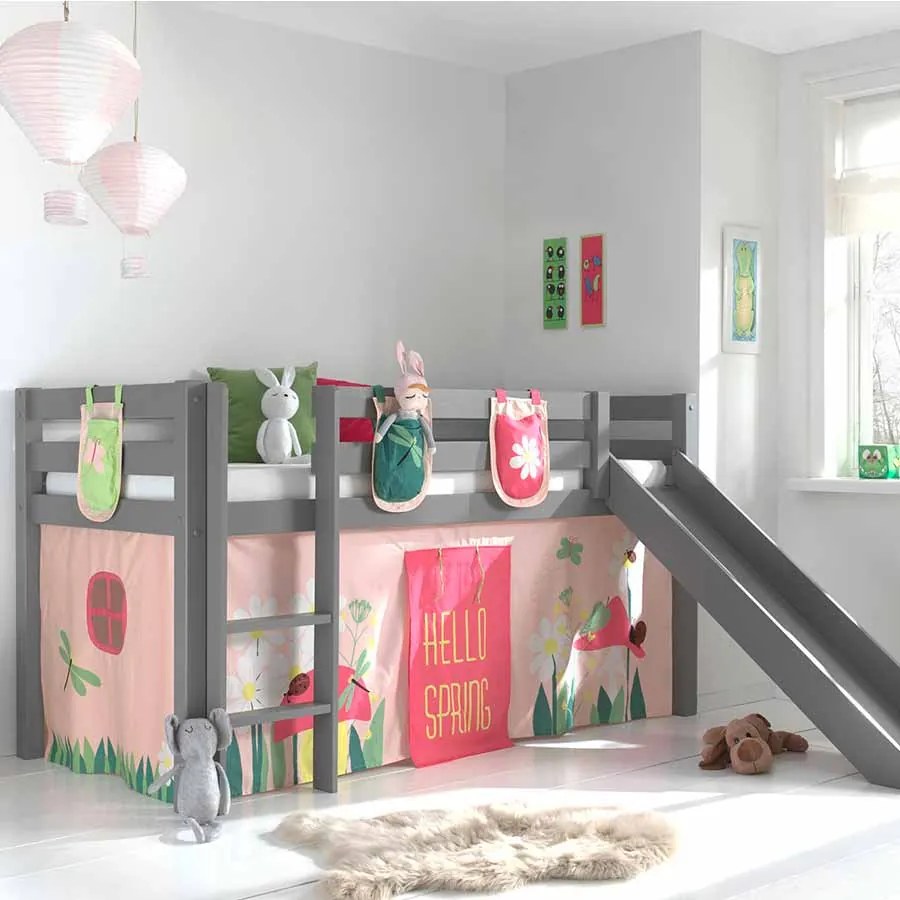 Conjunto Cama alta de Criança PINO 90 x 200 cm + estrado + escada + escorrega + cortina + bolsas de arrumação Primavera Cinzenta
