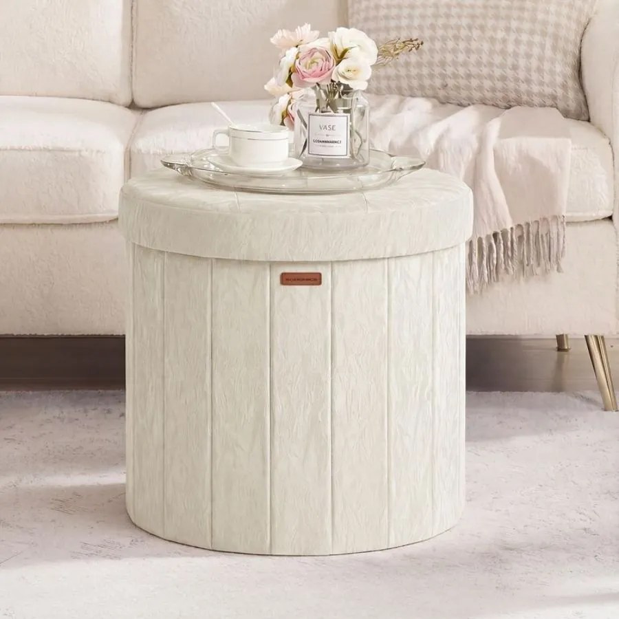 Banco redondo com espaço de arrumação 47 x 47 x 45 cm, dobrável, em couro sintético, 65 L creme