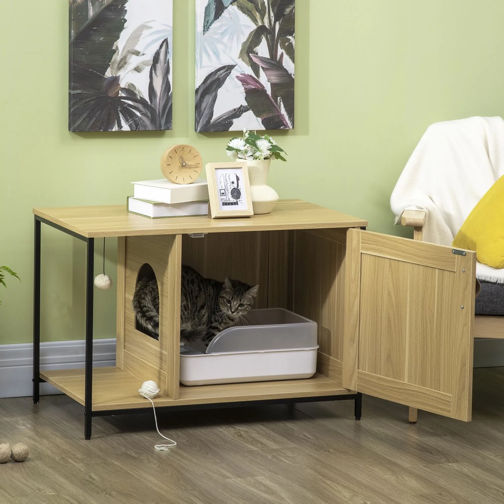 Móvel para Casa de areia para gatos (NÂO INCLUIDA) com porta lateral, bola suspensa e estrutura em aço com acabamento em madeira clara