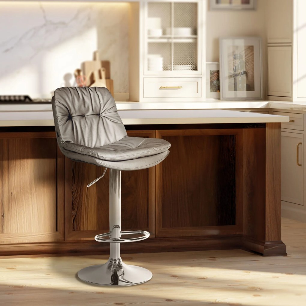 Banco de bar em couro sintético com estrutura prateada 92-113 x 46 x 54 cm cinzento