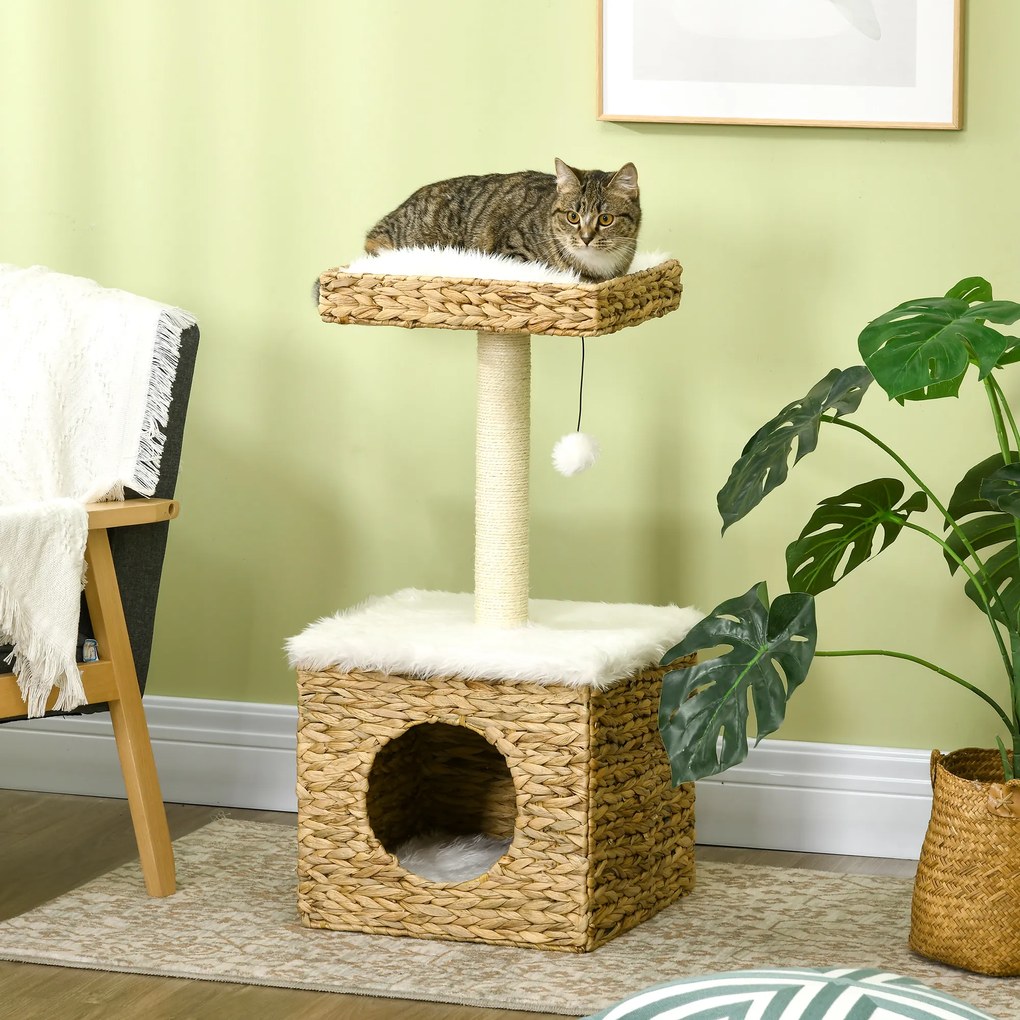 Arranhador para gatos de 2 níveis com 1 nicho, 1 poste de sisal, 1 plataforma de observação e 1 pompom suspenso