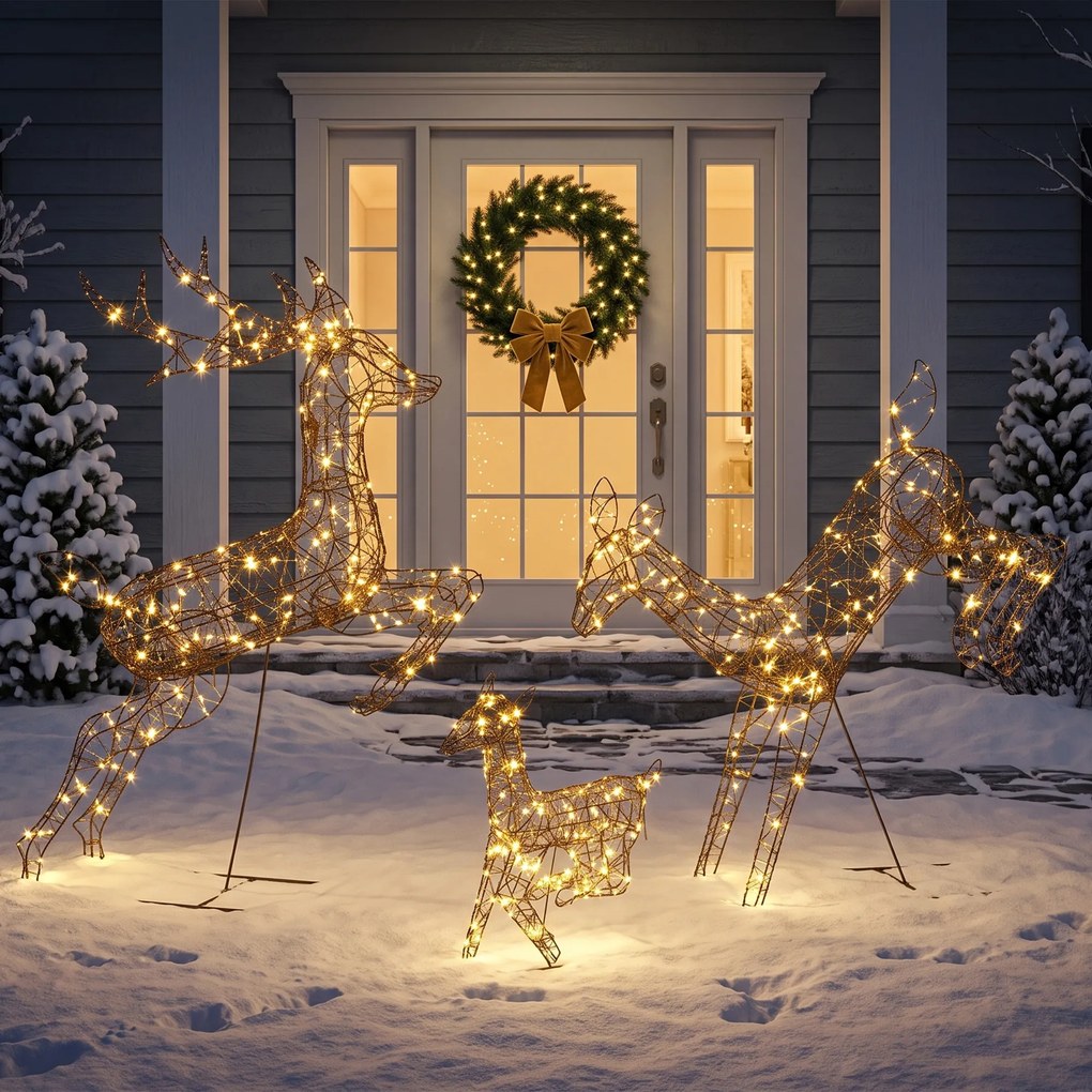 Conjunto de 3 Renas Luminosas de Natal para Exterior, 75 x 25 x 120 cm, 200 LED Branco Quente, Castanho