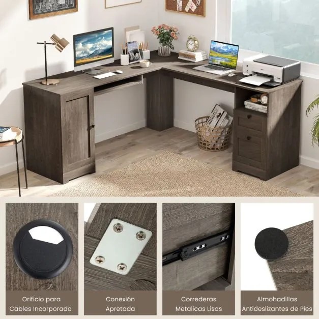 Secretária em forma de L com 2 gavetas, estante ajustável e bandeja para teclado Secretária executiva de canto Cinzento