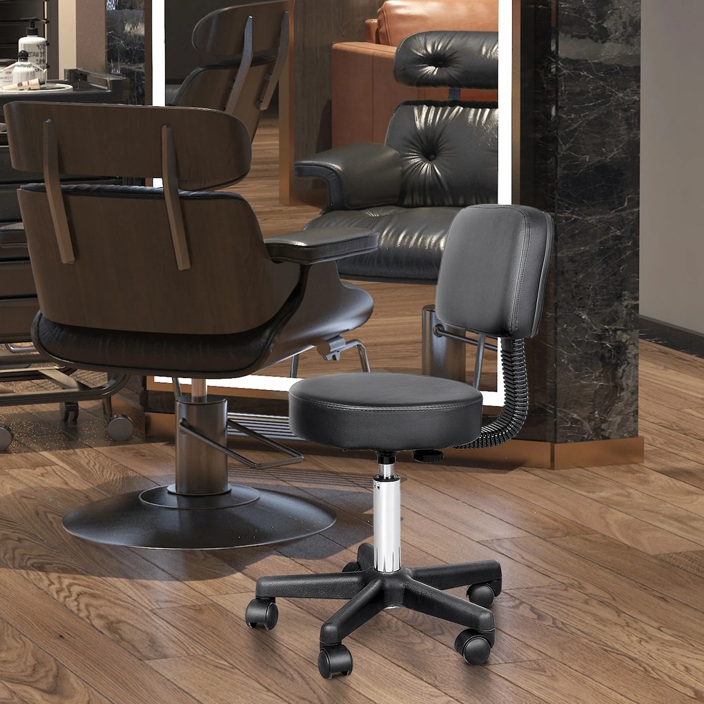 Banco de massagem com rodas, altura ajustável, giratório e encosto ergonómico, preto