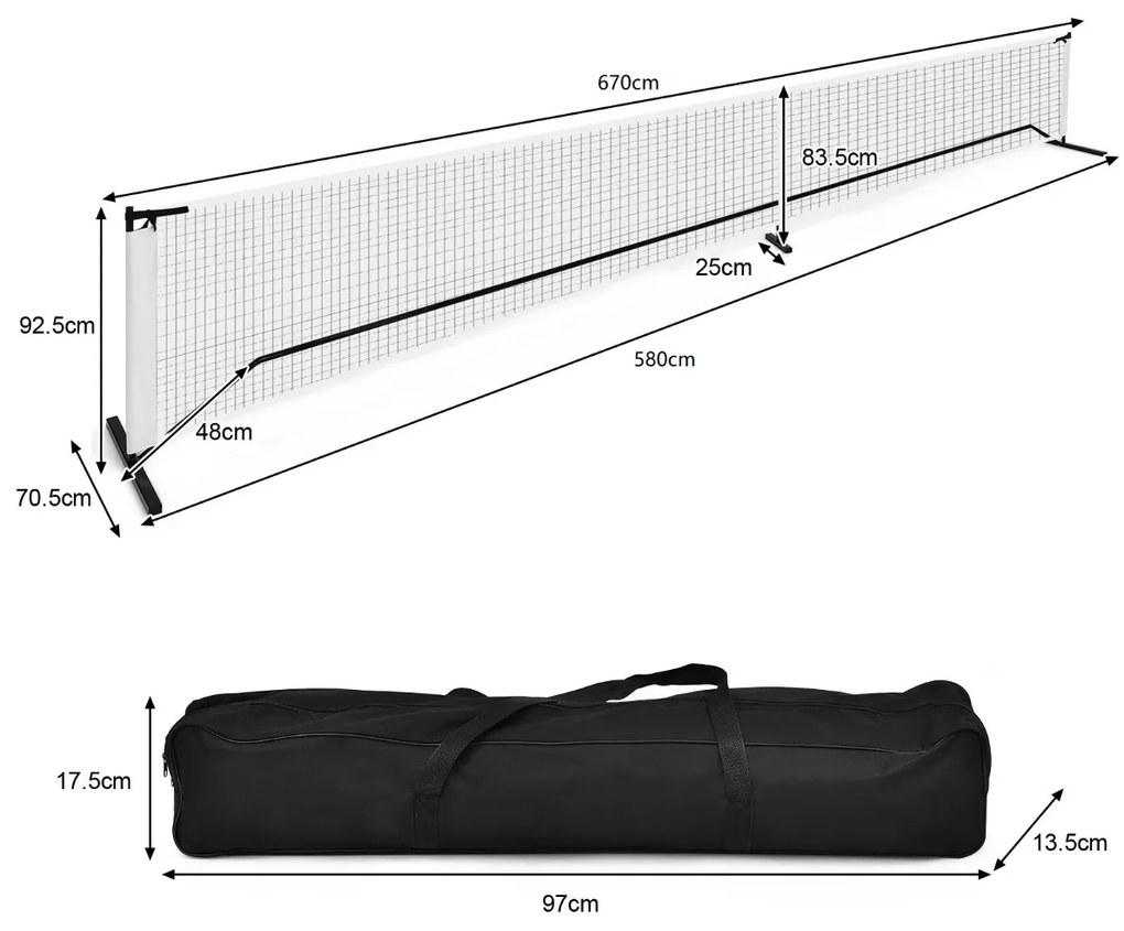 Rede de Pickleball portátil de 6,7 m Sistema de rede de tamanho oficial de 6,7 m com tubos de metal Saco de transporte de rede de poliéster para servi