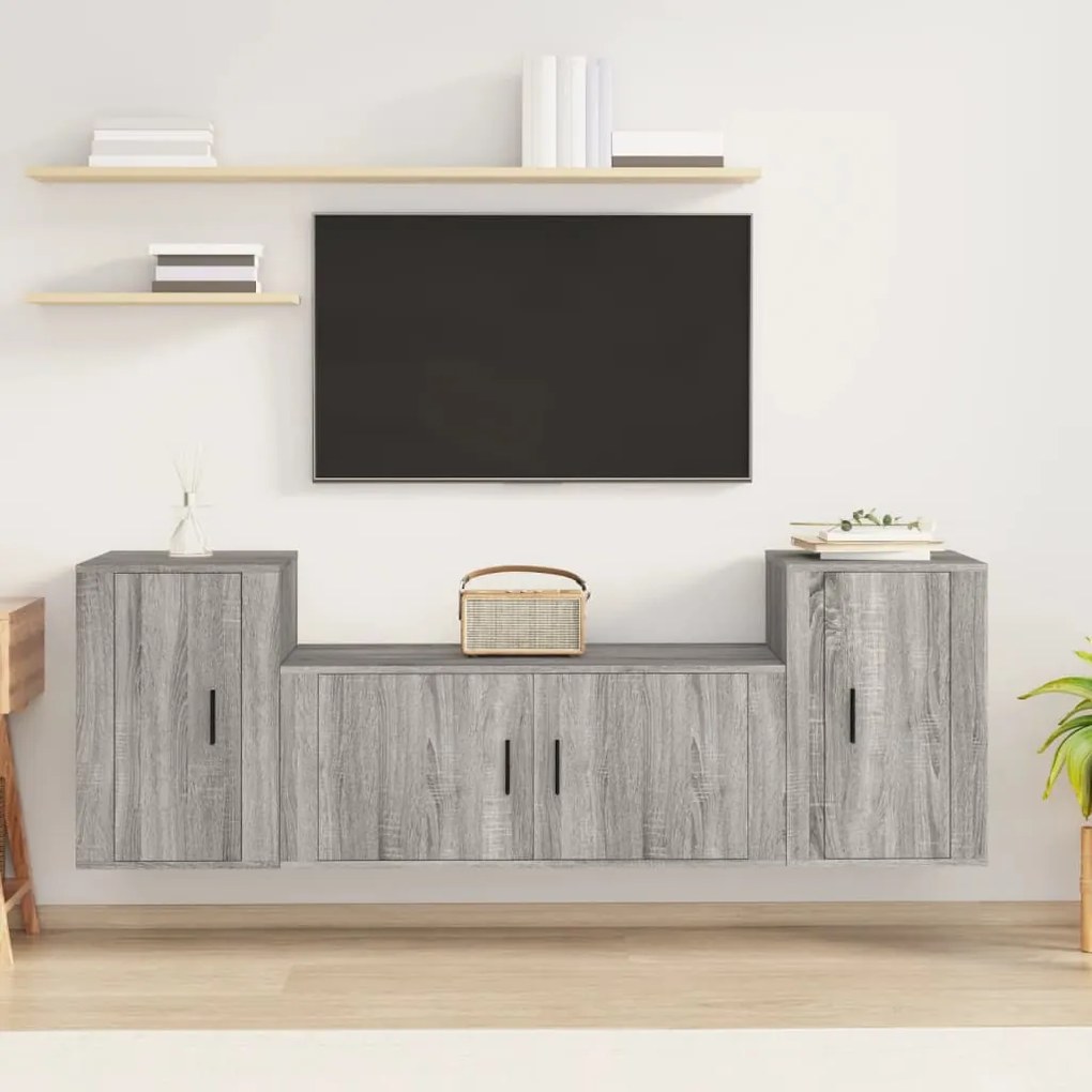 vidaXL Conjunto móveis de TV 3 pcs madeira processada sonoma cinza