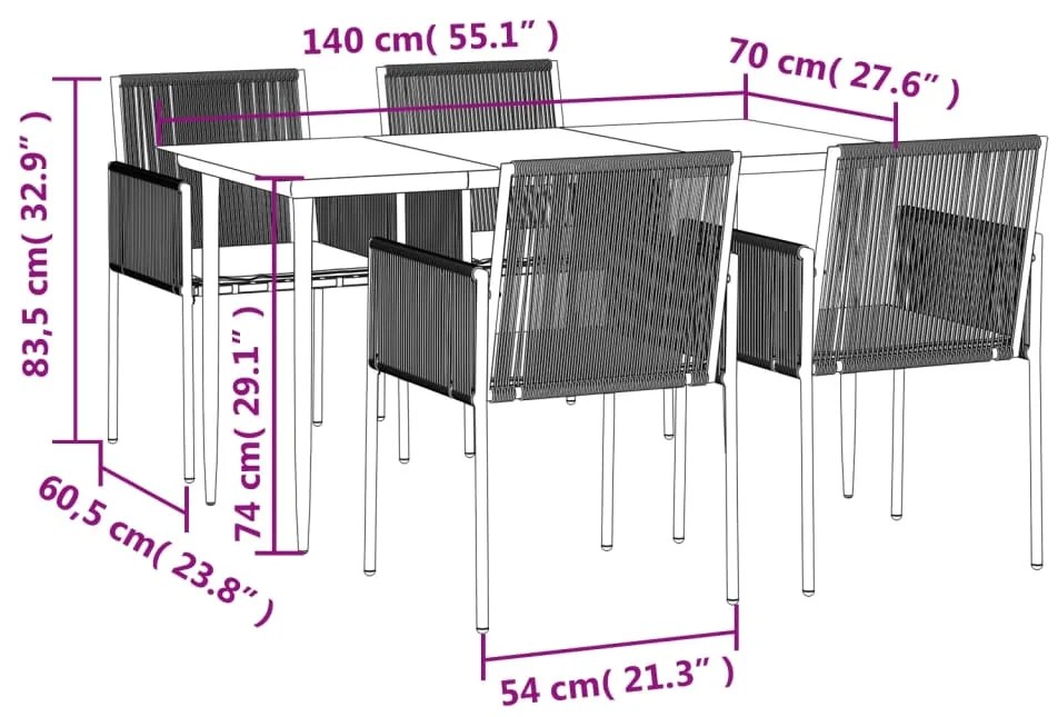 5 pcs conjunto jantar p/ jardim c/ almofadões vime PE/aço preto