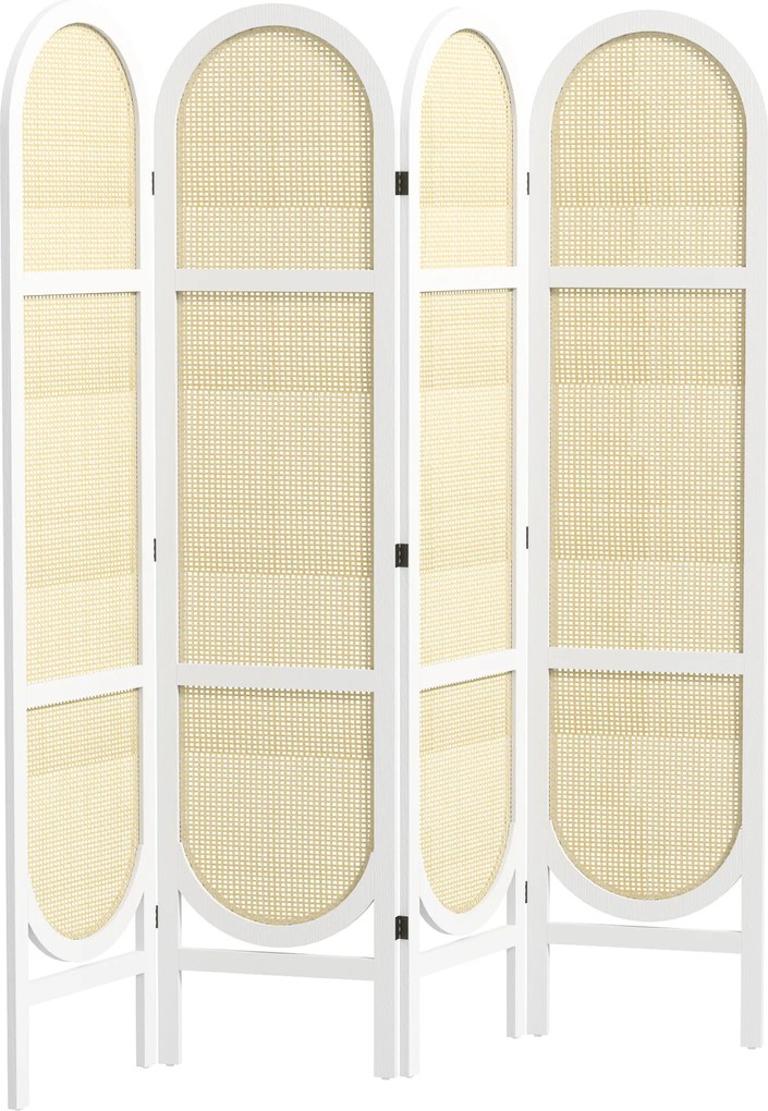 HOMCOM Biombo Interior em Madeira 4 Painéis 170x160 cm Dobrável e Portátil Padrão Trançado à Mão Branco | Aosom Portugal