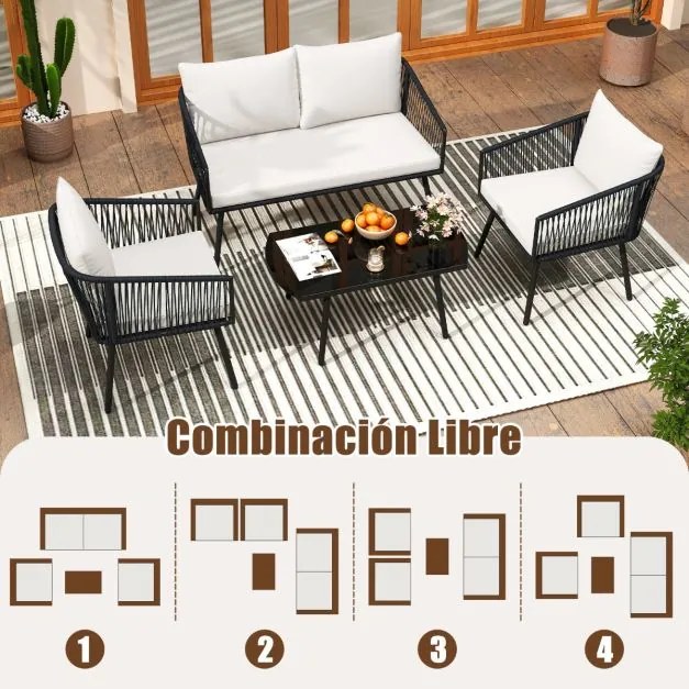 Conjunto de jardim para 4 pessoas com sofá de 2 lugares, 2 cadeiras e mesa de centro em vidro temperado Preto e branco