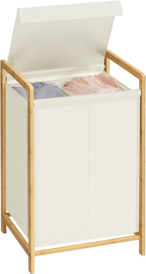 Cesto de roupa suja com tampa 45 x 40 x 78 cm, 2 compartimentos; cesto de roupa suja com estrutura de bambu, saco de roupa suja removível Creme