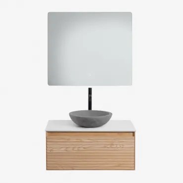 Conjunto De Móvel De Casa De Banho Suspenso Em Madeira De Freixo Tedrik Castanho Fresno & Cimento Cinzento Redondo Ø40 Cm Tarsis & Led - Sklum