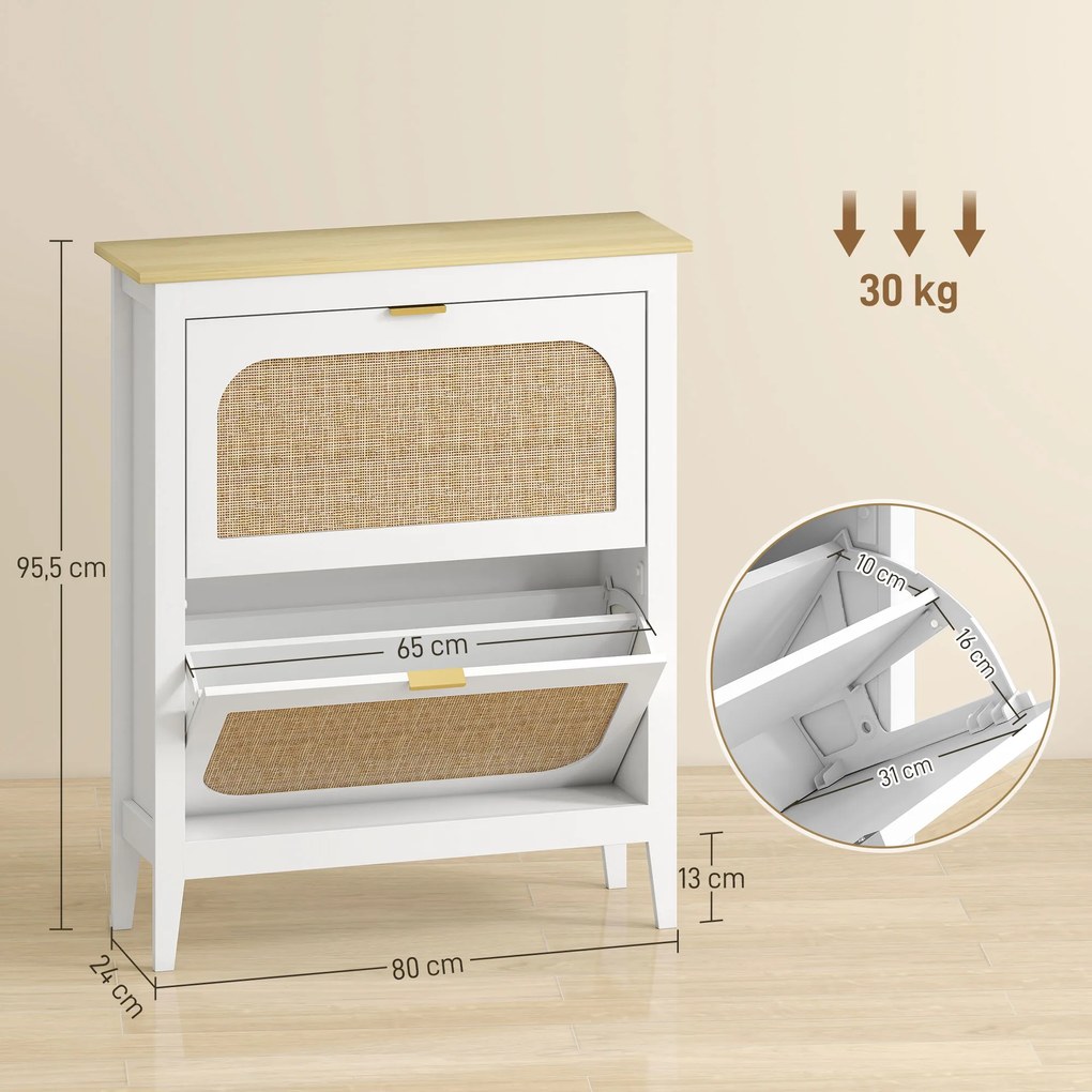 Sapateira Estreita com 2 Portas em Vime e Prateleiras Ajustáveis para 14 Pares de Sapatos 105x24x95,5 cm Branco