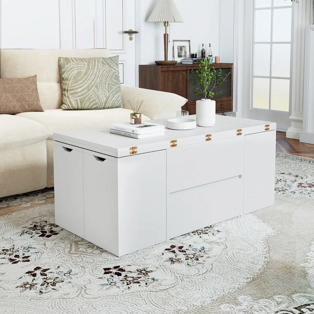 Mesa de centro elevável conversível em mesa de jantar para 4 pessoas com 4 bancos 3 em 1 extensível com e gaveta Branco