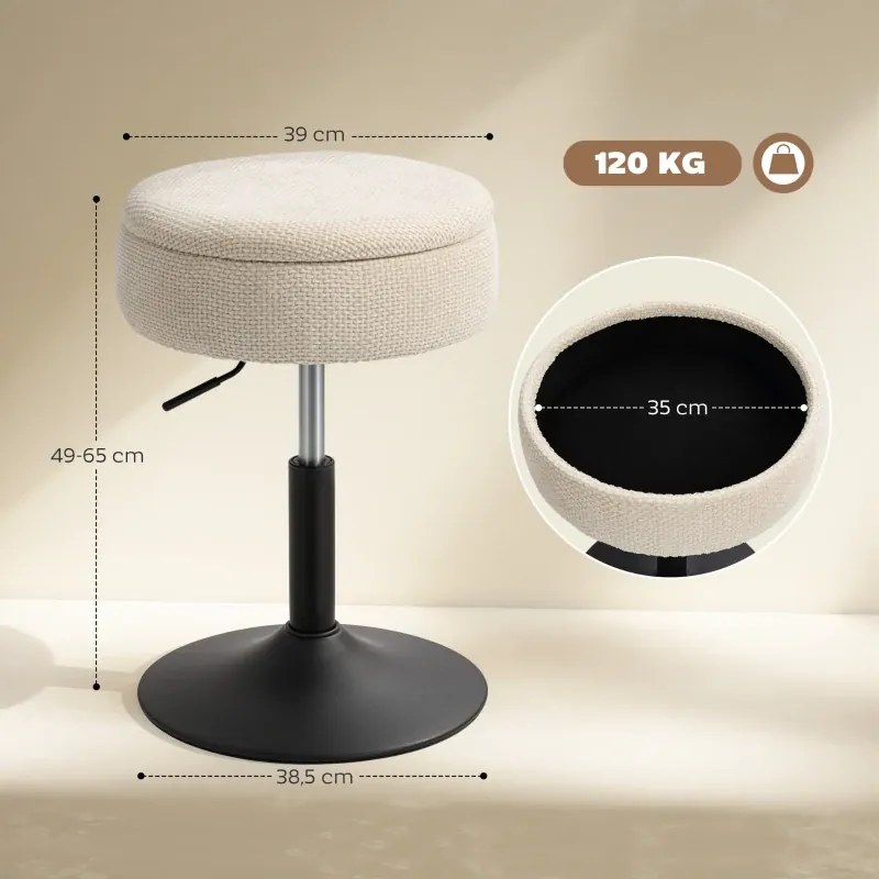 Banco de Bar com Armazenamento Altura Ajustável Giratório Estofado em Chenilla 39x39x49-65 cm Bege