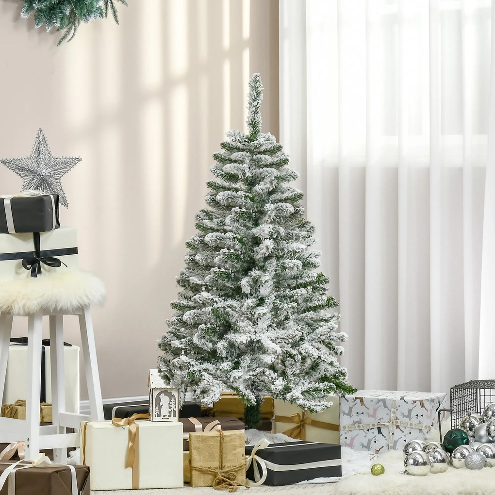 Árvore de Natal Artificial 120 cm com Neve Ignífugo com 200 Ramos Folhas de PVC Abertura Automática Base Dobrável Verde