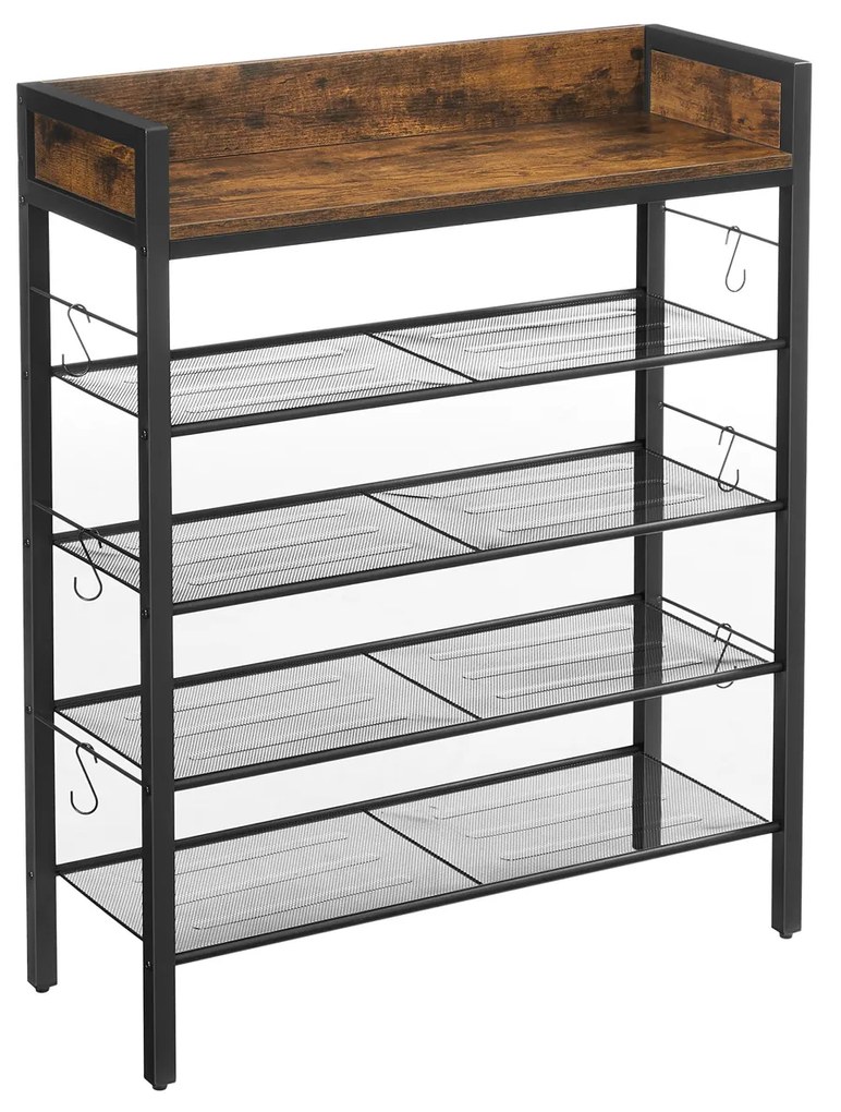 Organizador de sapatos VASAGLE, com bordas elevadas, 4 prateleiras de malha, comporta até 14 pares de sapatos, para tênis, saltos altos, chinelos, industrial, marrom rústico e preto LBS022B01