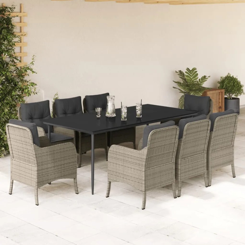 9 pcs conjunto de jantar p/ jardim c/ almofadões cinzento claro