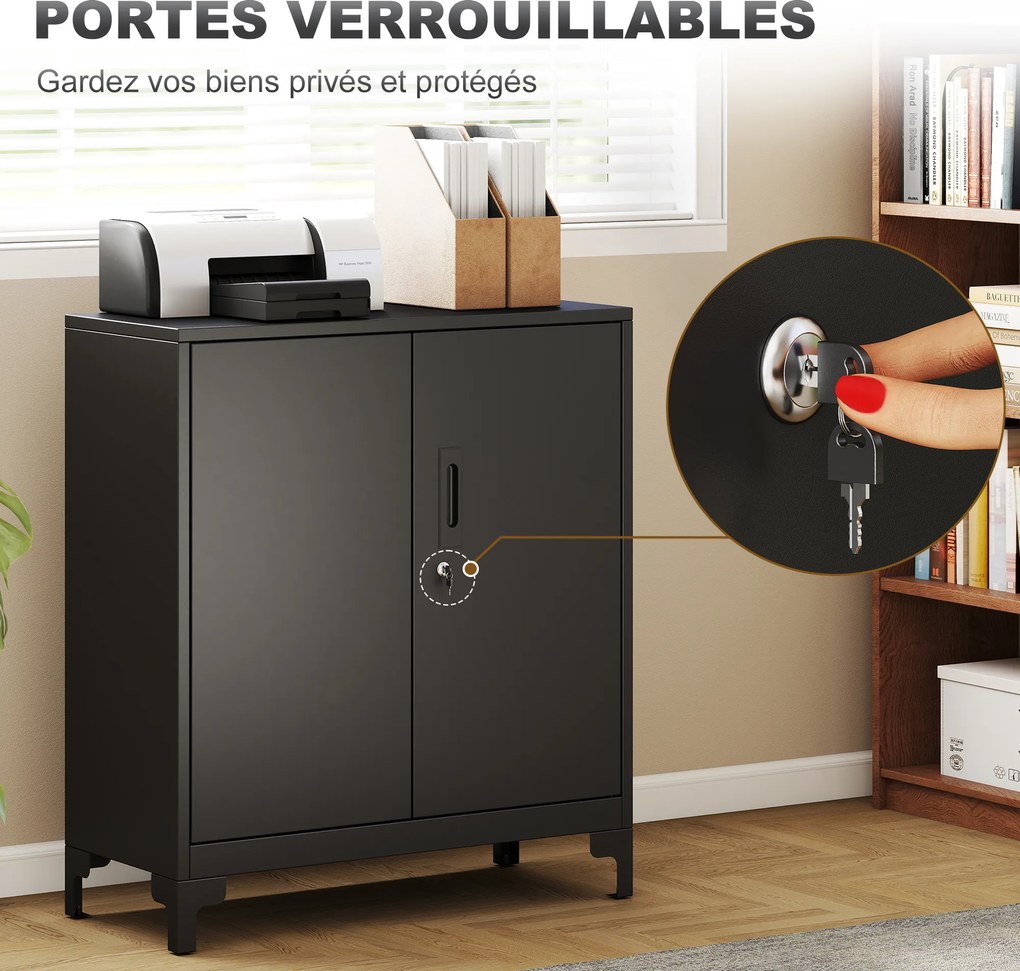 Armário de escritório de 2 níveis 80 x 35 x 91 cm, móvel de arrumação metálico para escritório com 2 portas com fechadura, preto