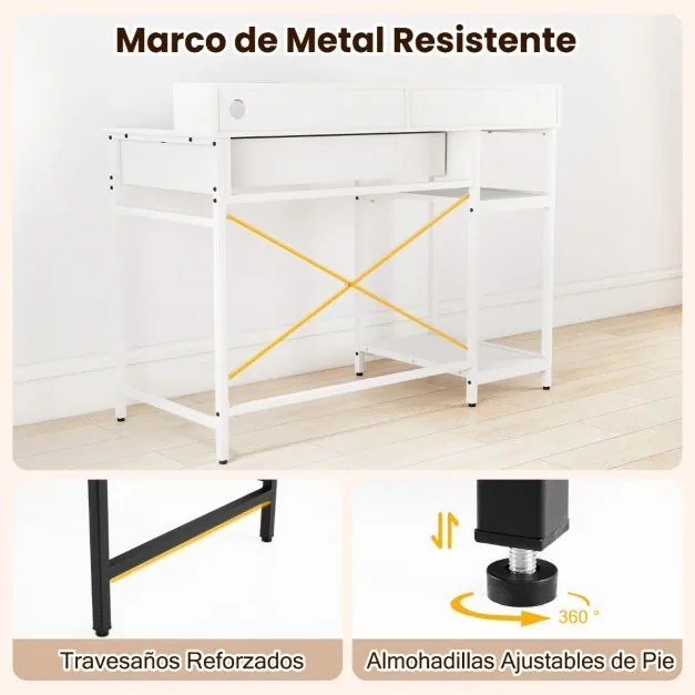 Secretária para computador 106 x 48 x 90 cm com tomadas com armário superior, gaveta e 2 prateleiras abertas Estrutura branca