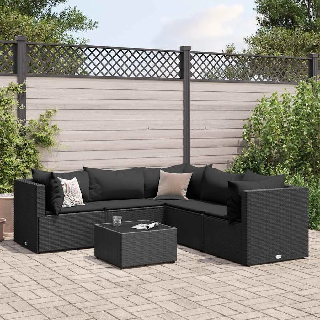 vidaXL 6 pcs conjunto lounge de jardim c/ almofadões vime PE preto