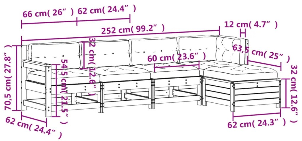 5 pcs conjunto lounge de jardim c/ almofadões pinho maciço