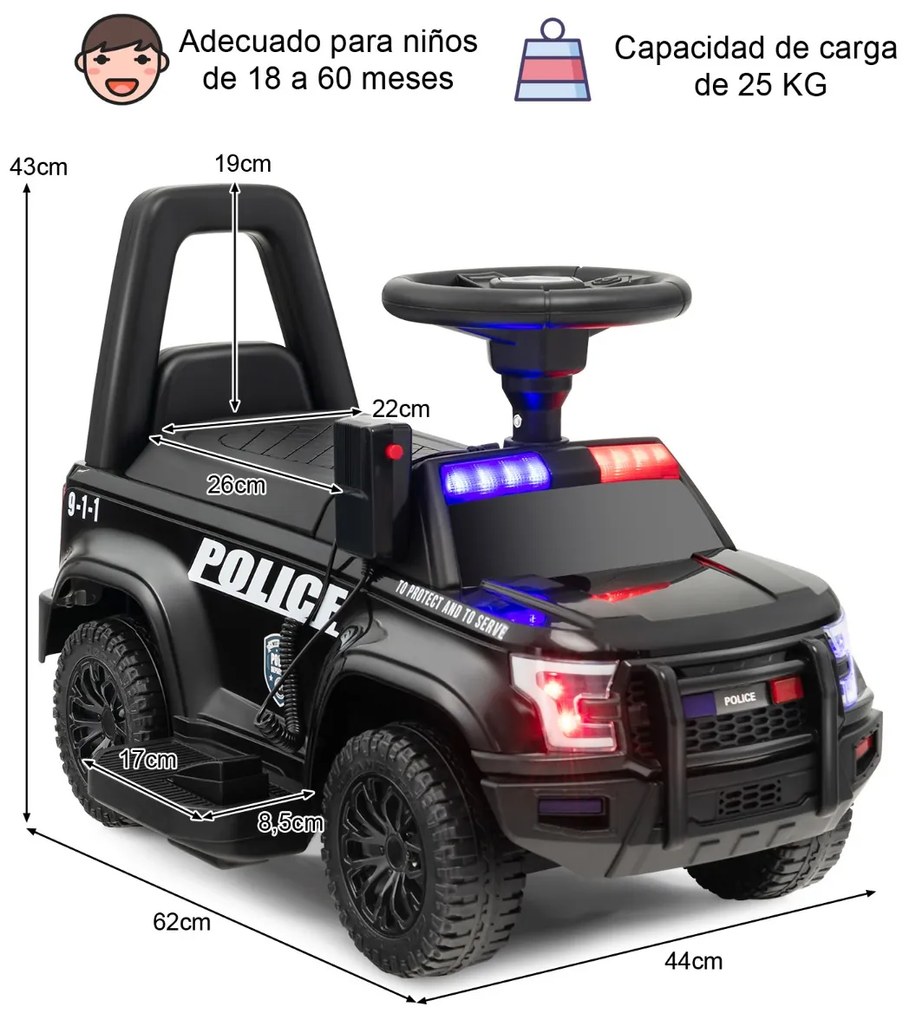 Carro de Polícia Elétrico para Crianças 6V a Bateria com Megafone Alarme Luz para 18-60 Meses 62 x 44 x 43 cm Preto