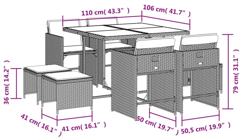 9 pcs conjunto de jantar p/ jardim c/ almofadões vime PE preto