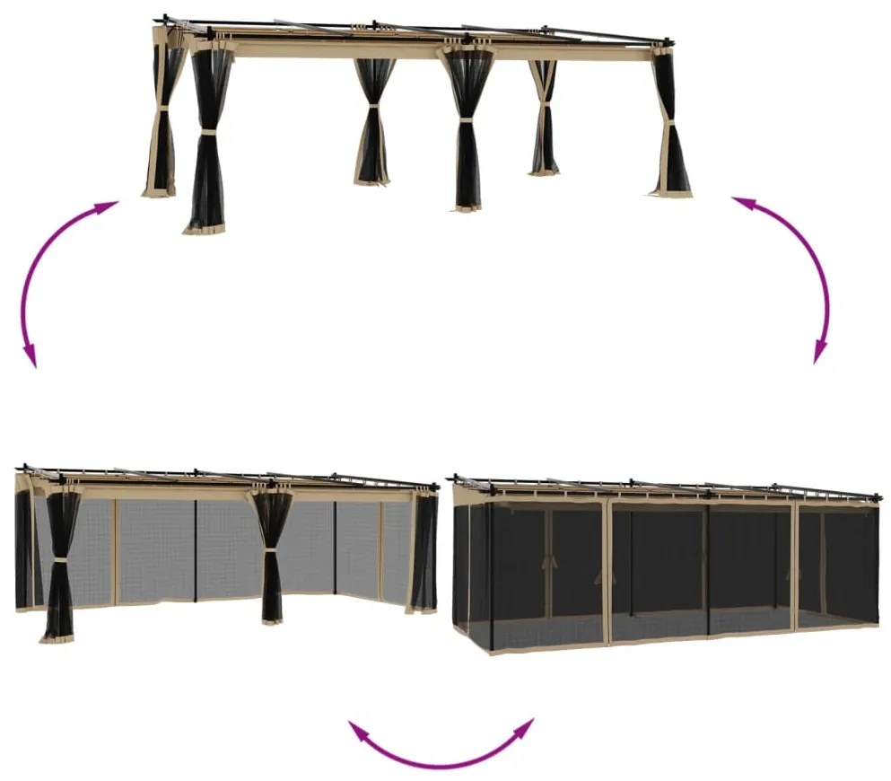 Gazebo com paredes de malha 6x3 m aço cinzento-acastanhado