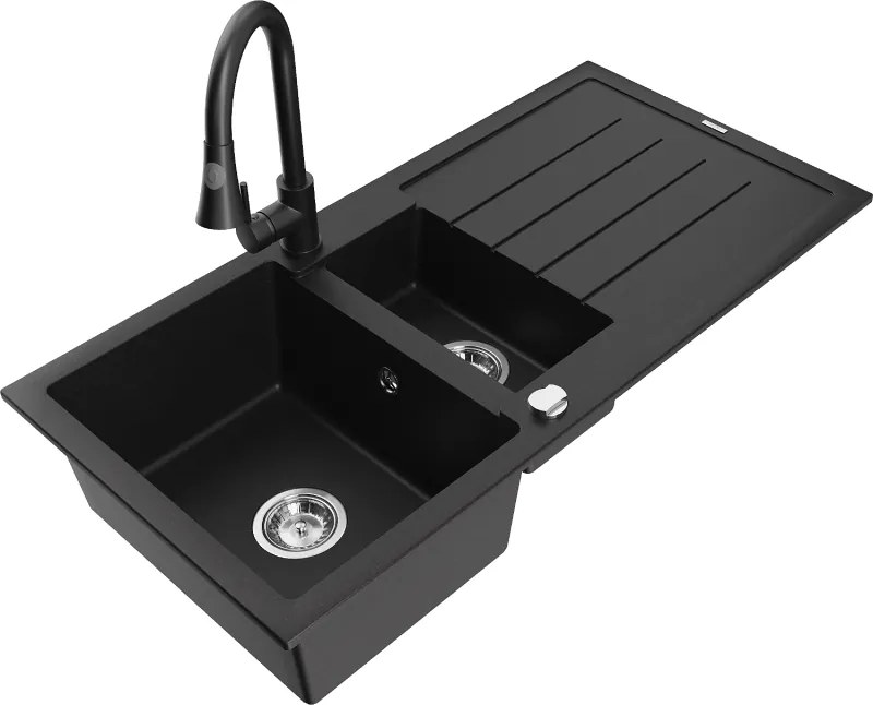 Mexen Andres lava-loiça de granito de 1,5 cubas com escorredor e torneira de cozinha Elia, preto - 6515-77-670101-70