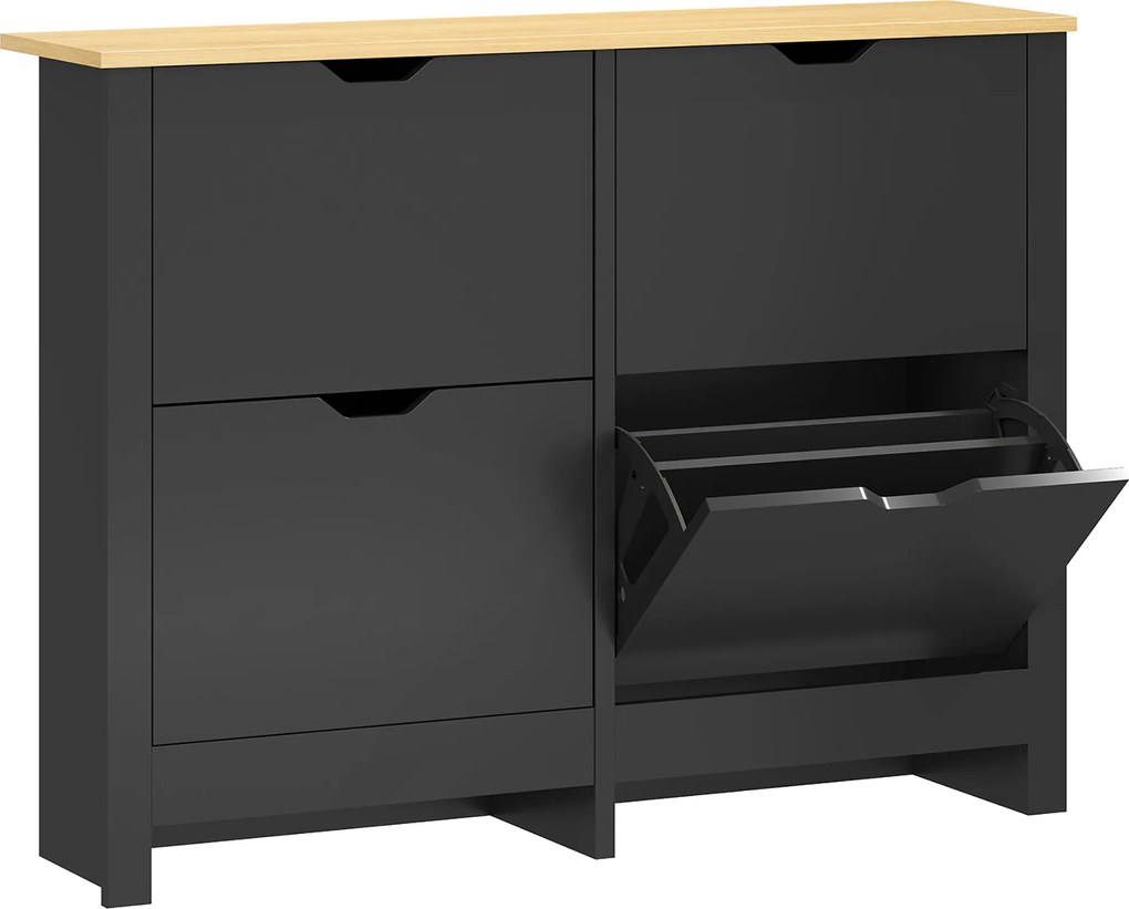 HOMCOM Móvel para 16 pares de sapatos, armário com 4 gavetas basculantes e prateleiras ajustáveis, preto e madeira natural | Aosom Portugal