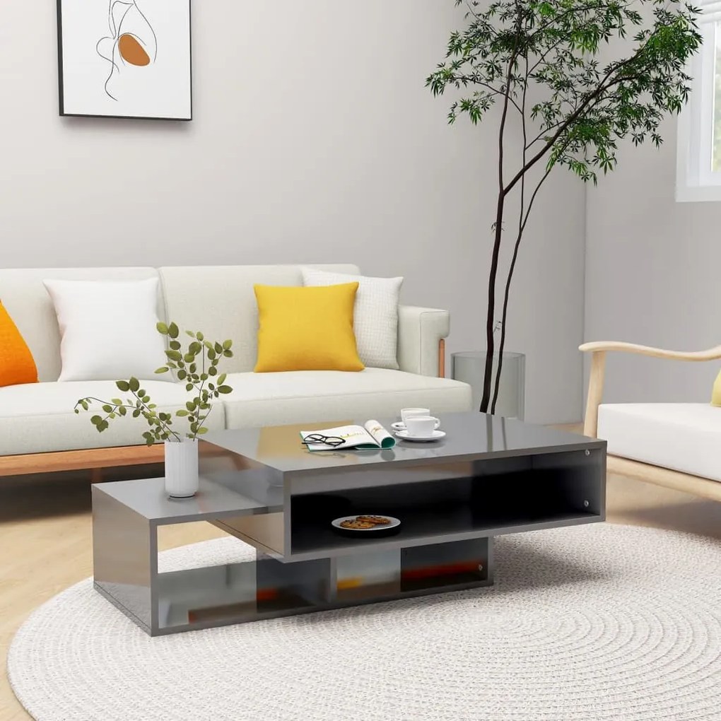 vidaXL Mesa de centro 105x55x32 cm contraplacado cinzento brilhante