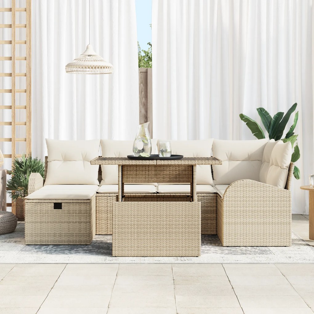 Conjunto de Sofá de Jardim de 7 Peças com Cushions de Rattan Poliéster