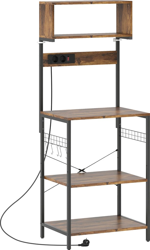 HOMCOM Estante de cozinha, estante de pé com 5 ganchos em S, 5 prateleiras, tomada, em aço, Castanho Rústico, 60 x 42 x 153 cm | Aosom Portugal