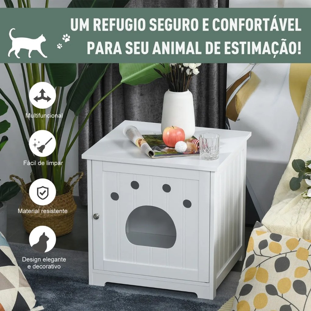 Casa para Gatos de Madeira Caixa de Areia para Gatos com Porta e Entrada em Forma de Garra para Descansar 48x51x51cm Branco