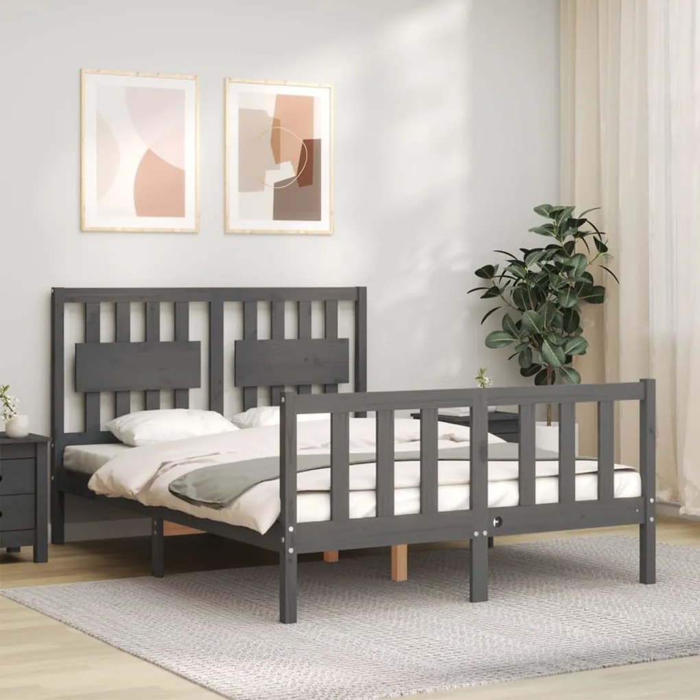 Estrutura de cama de casal c/ cabeceira madeira maciça cinzento