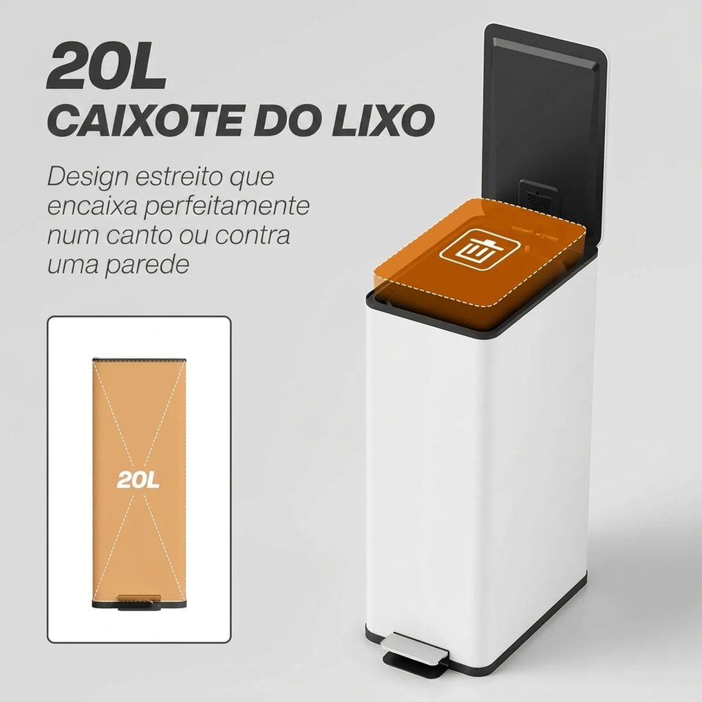 Caixote do Lixo de Cozinha 20 L em Aço Inoxidável com Tampa de Fecho Suave, Pedal e Balde Amovível, Branco