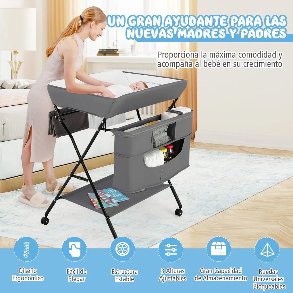 Trocador fraldas duplo com rodas Berço 4 em 1 Altura regulável em 3 níveis Mesa Secadora Fraldas 81 x 70 x 106-5 cm Cinza