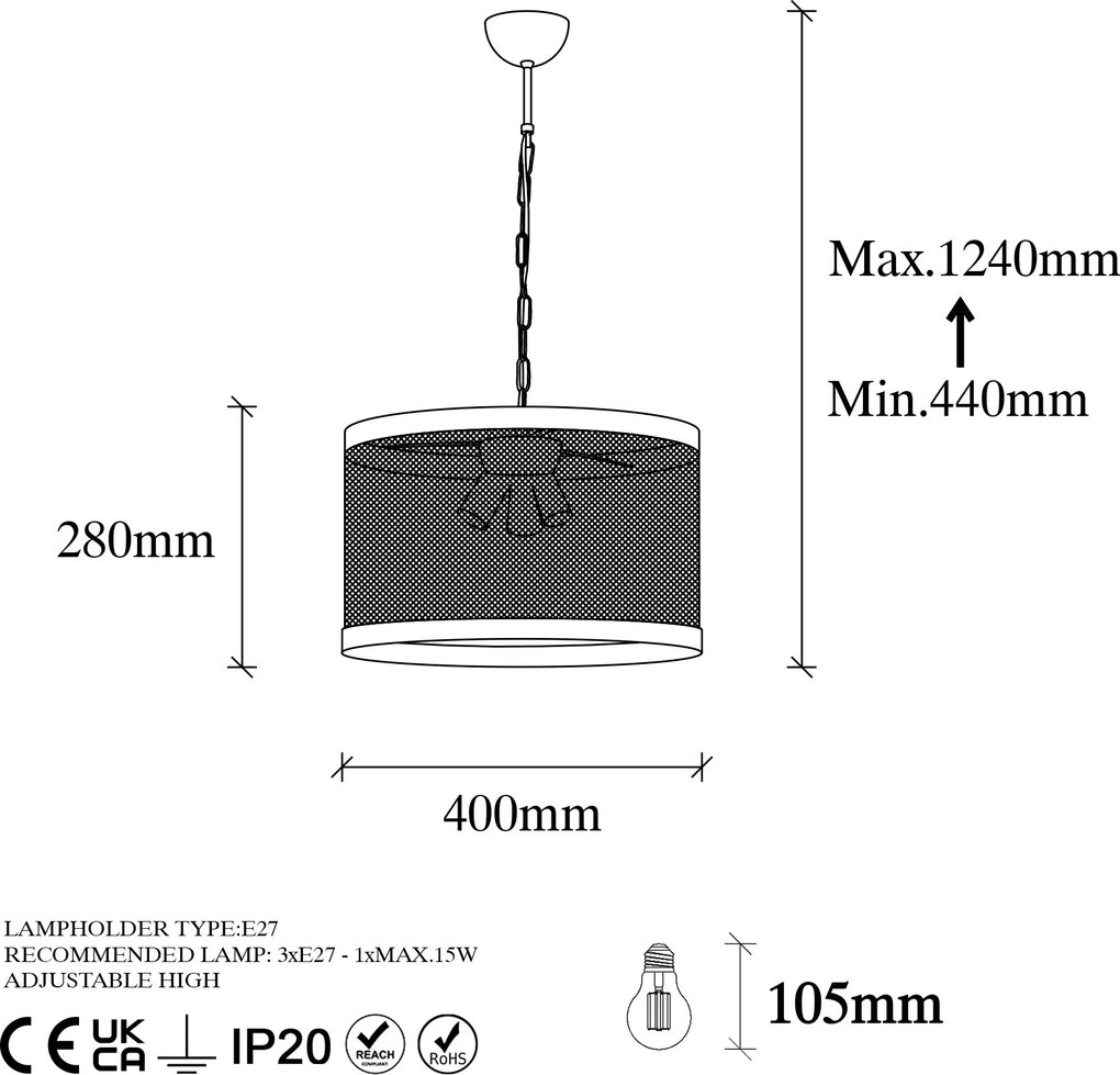 Candeeiro Suspenso Endustriyel – Preto – 40 x 40 cm