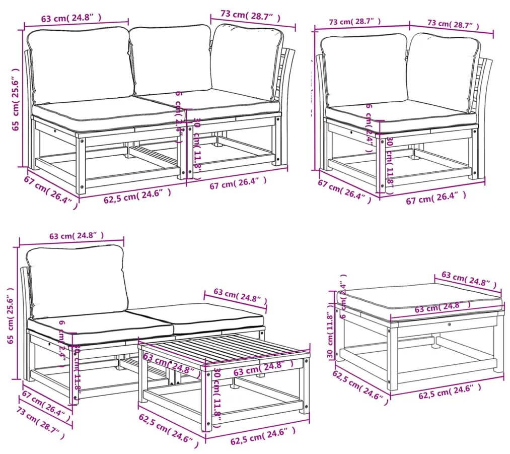 7 pcs conjunto lounge jardim c/almofadões madeira maciça acácia