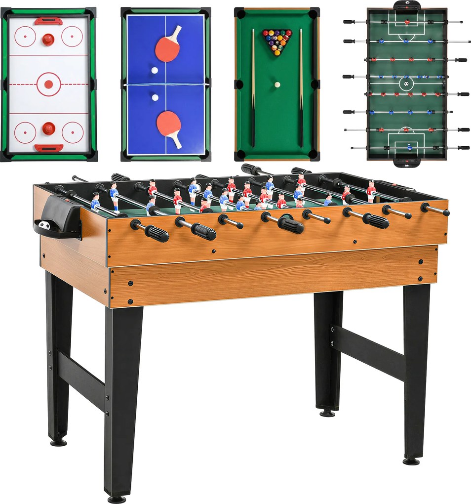 Mesa Multijogos 4 em 1 com Matraquilhos Bilhar Hóquei de Mesa e Ping-pong para Crianças e Adultos 107x61x84,5 cm Natural
