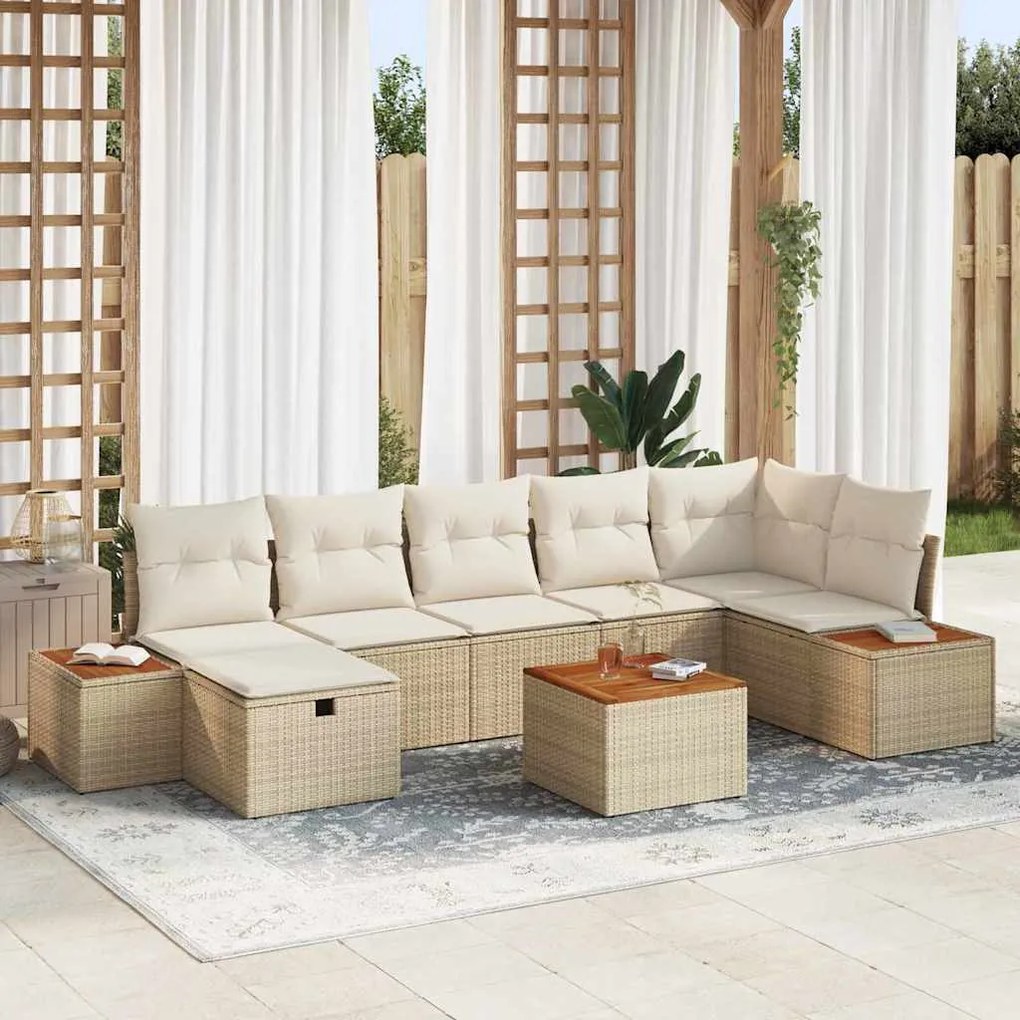 vidaXL Conjunto de Sofá de Jardim com 8 peças e almofadas bege em rattan.